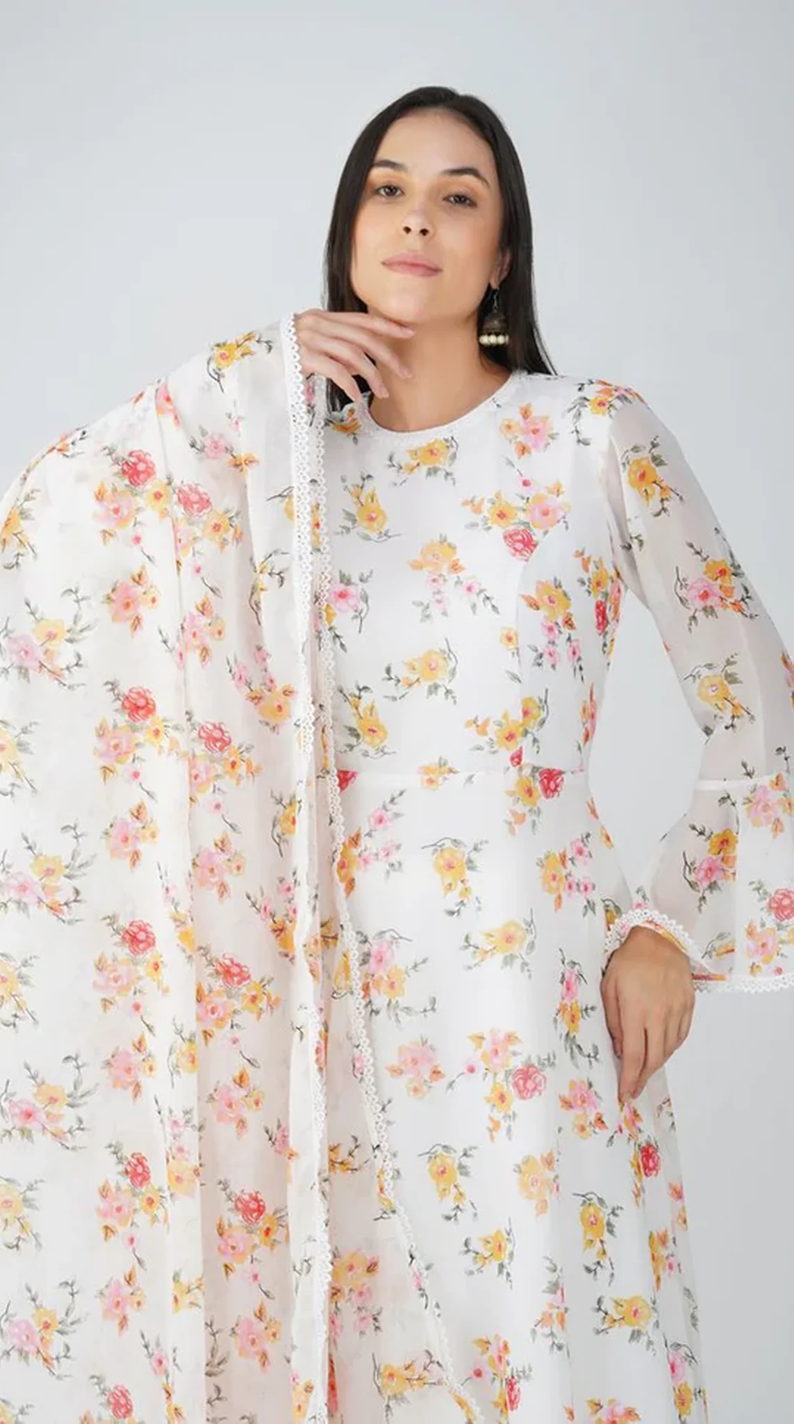 White Floral Printed Bias Cut Suit Set - Image 4