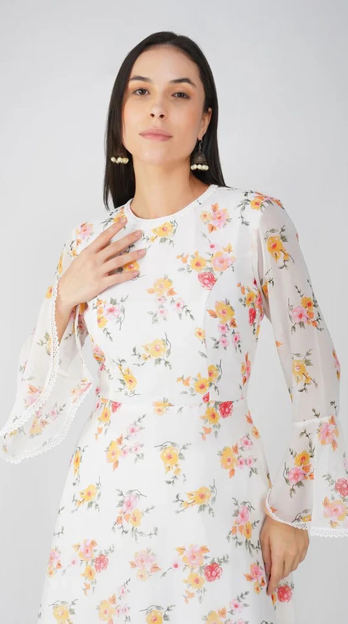 White Floral Printed Bias Cut Suit Set - Image 5