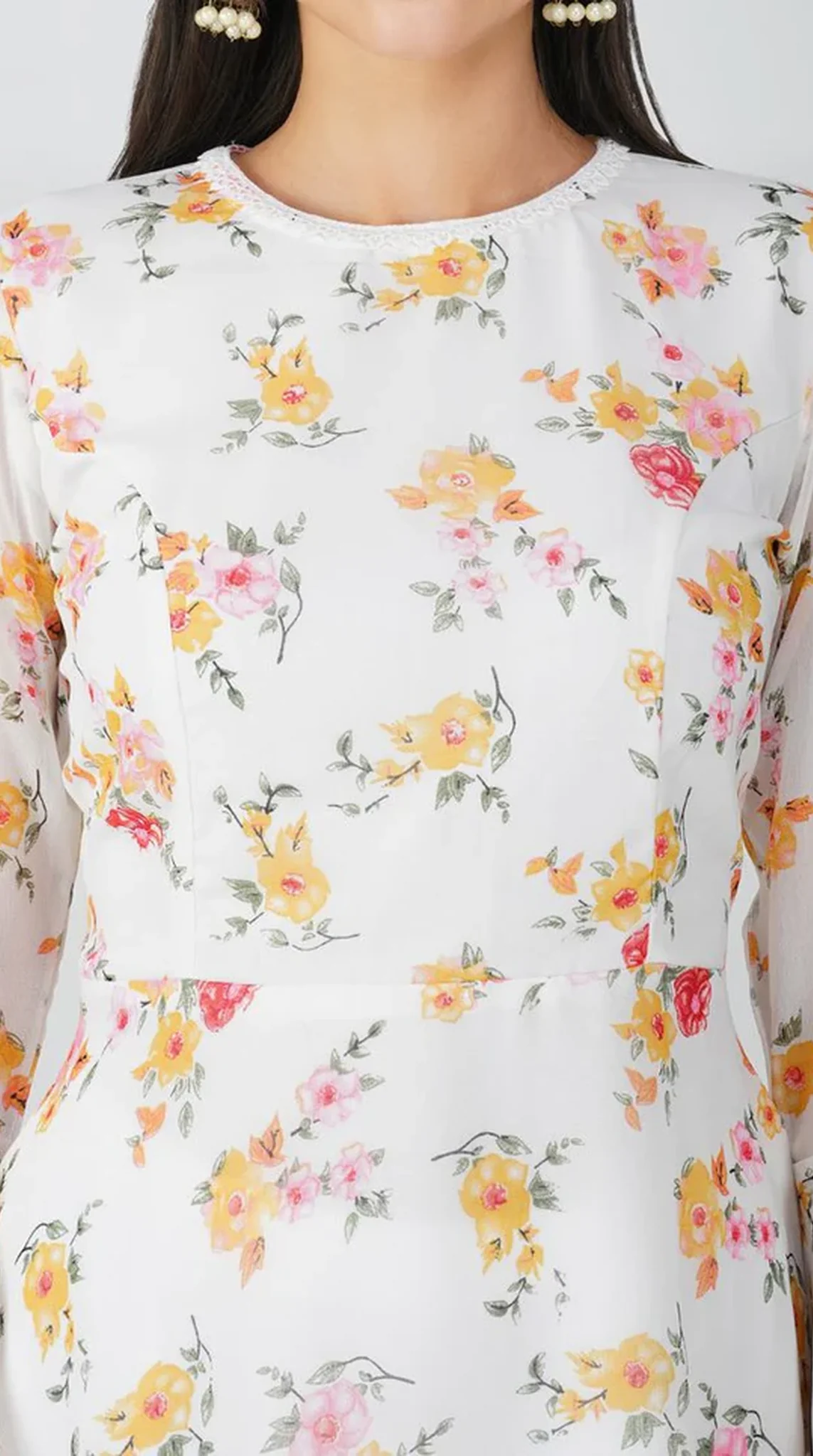 White Floral Printed Bias Cut Suit Set - Image 6