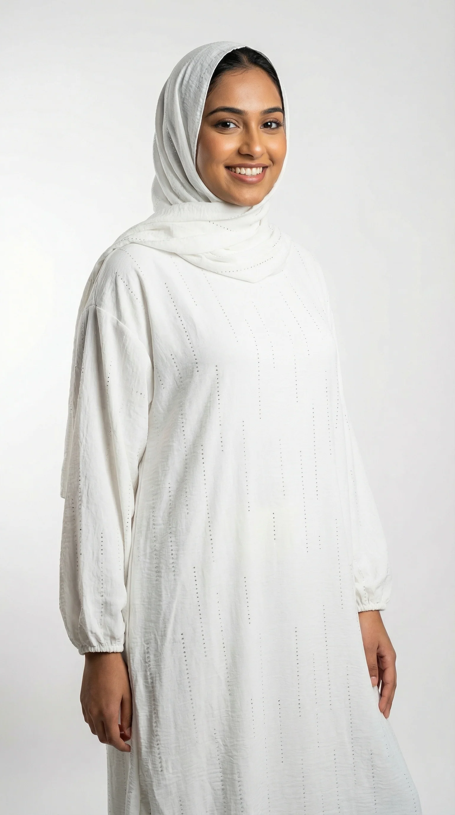 White Full-Length Hijab Dress With Attached Scarf - Image 2