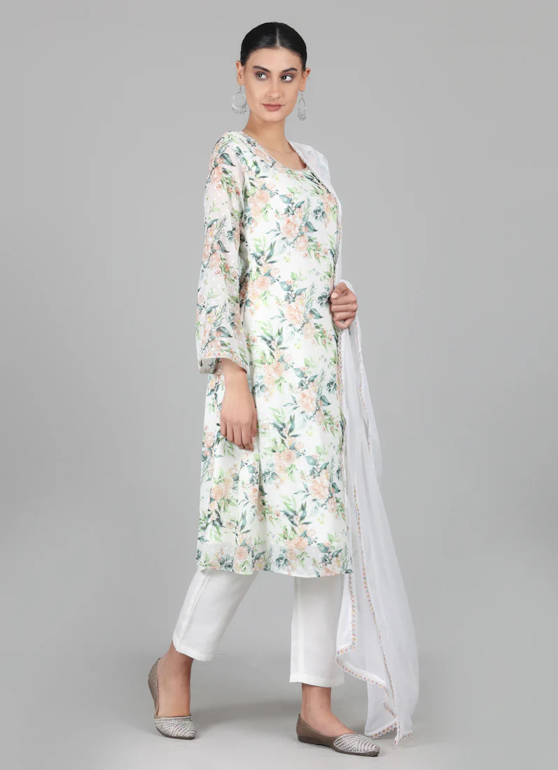 White Georgette Dobby A-line Suit Set - Image 2