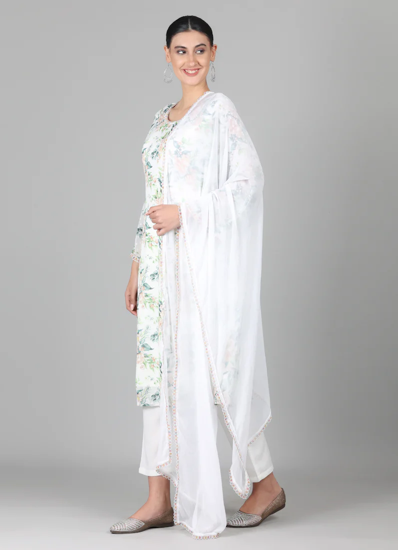 White Georgette Dobby A-line Suit Set - Image 3