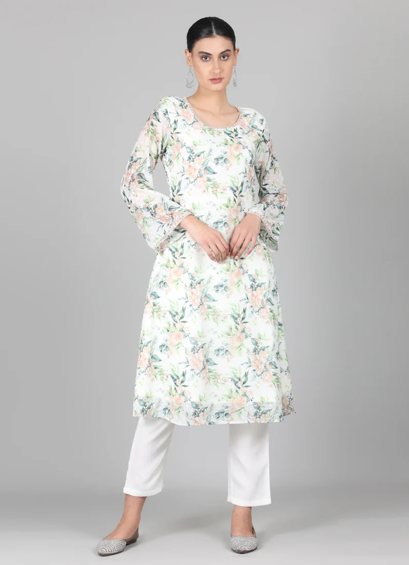 White Georgette Dobby A-line Suit Set - Image 4