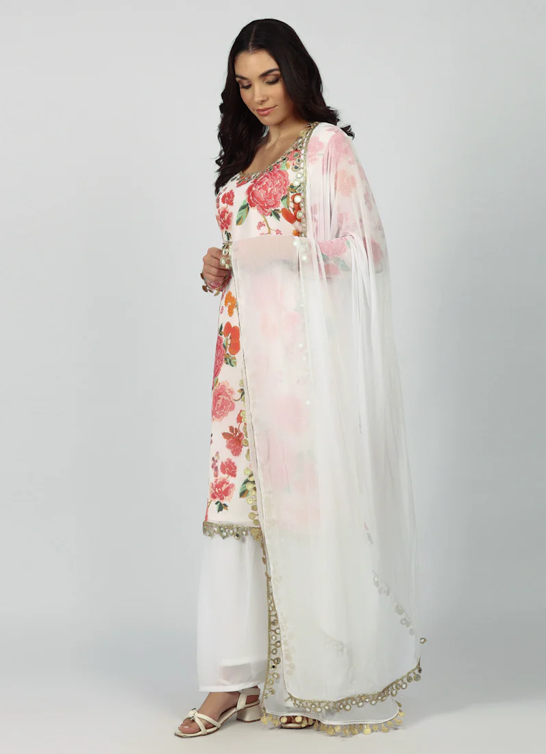 White Georgette Floral Printed Suit Set - Image 2