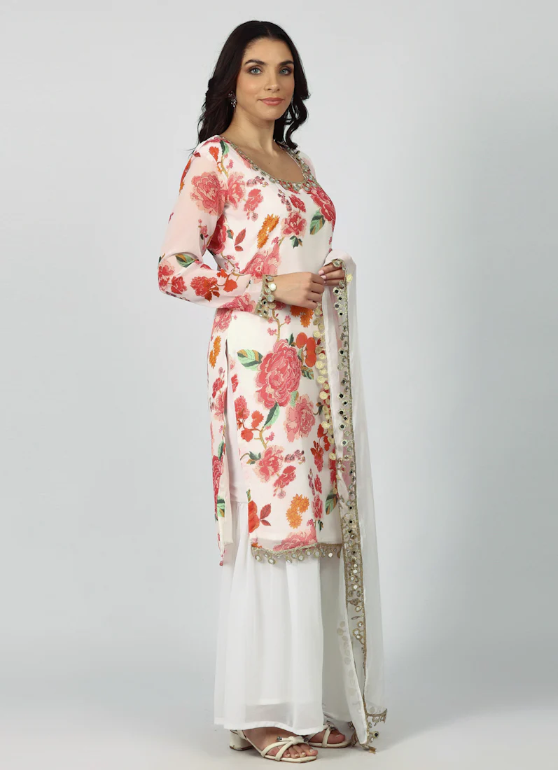 White Georgette Floral Printed Suit Set - Image 3