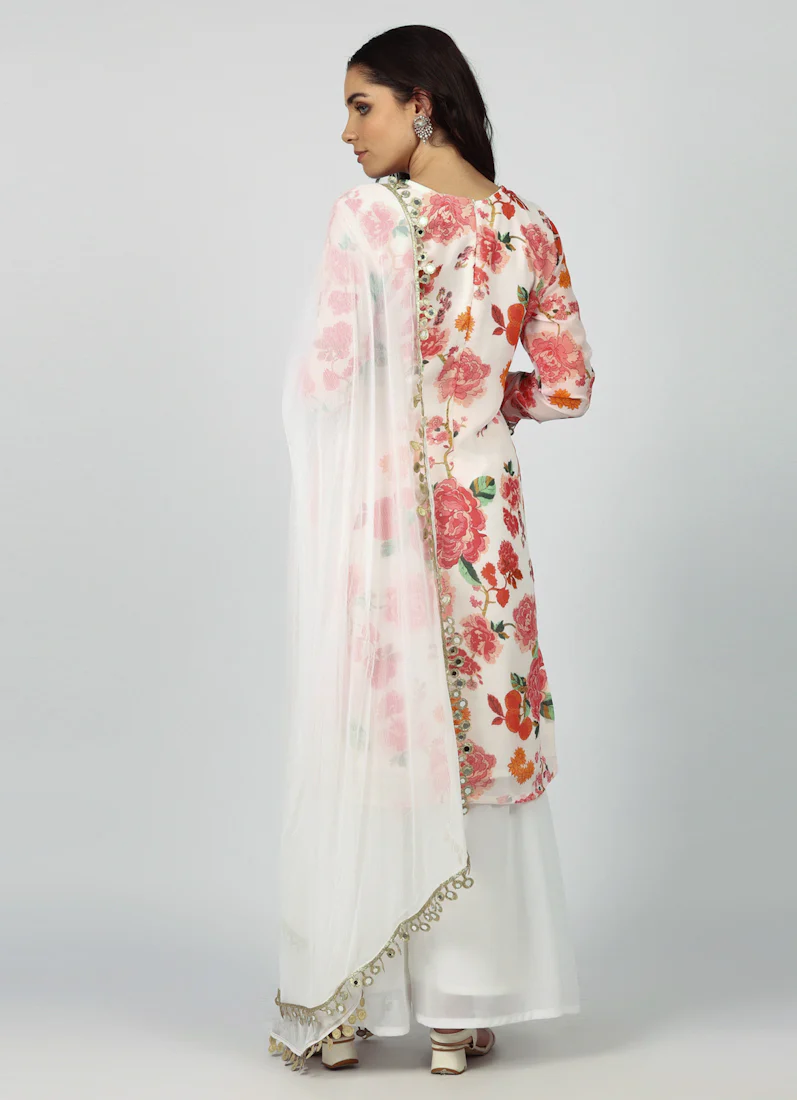 White Georgette Floral Printed Suit Set - Image 4