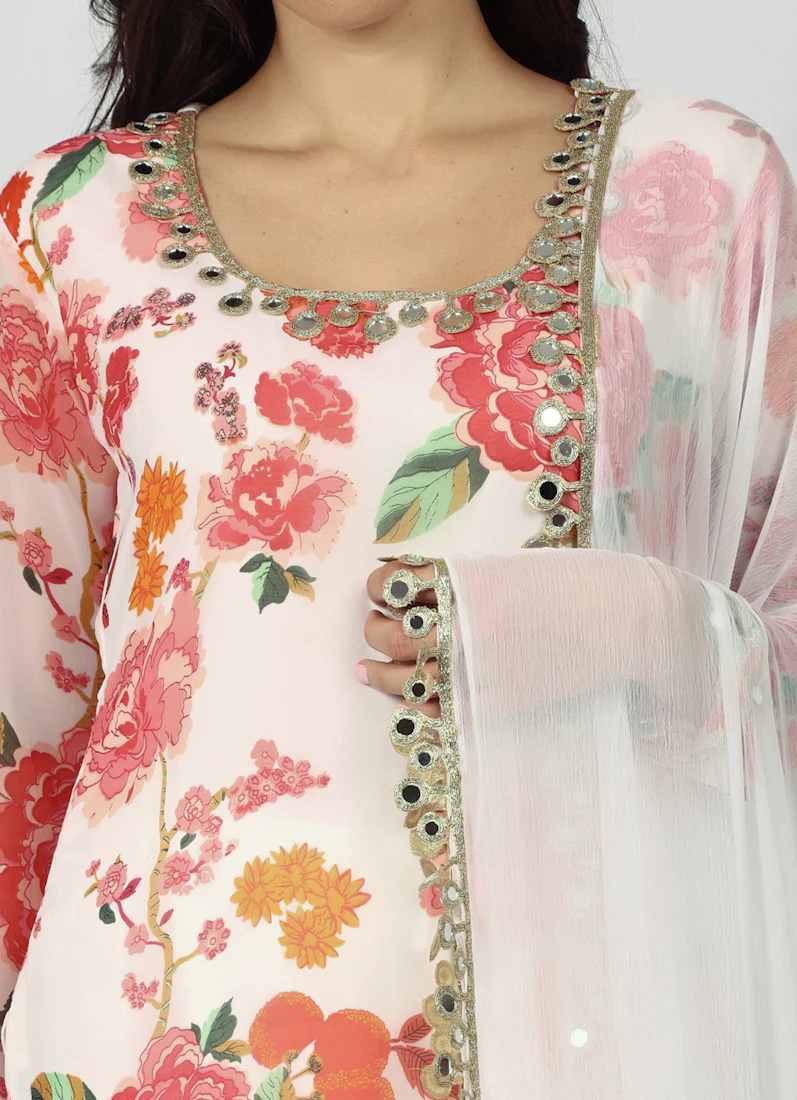 White Georgette Floral Printed Suit Set - Image 5