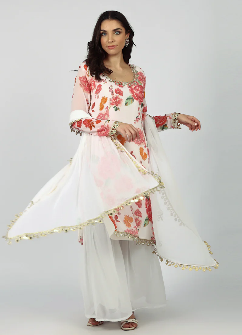 White Georgette Floral Printed Suit Set - Image 7