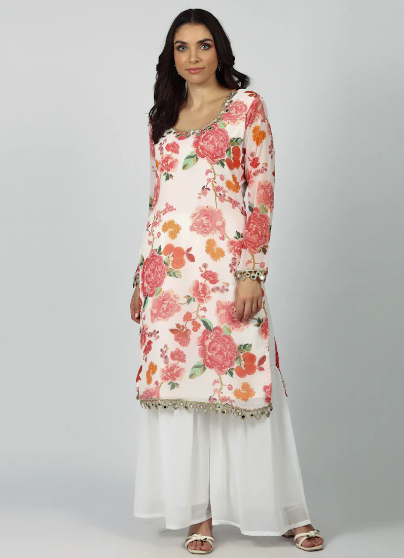 White Georgette Floral Printed Suit Set - Image 8