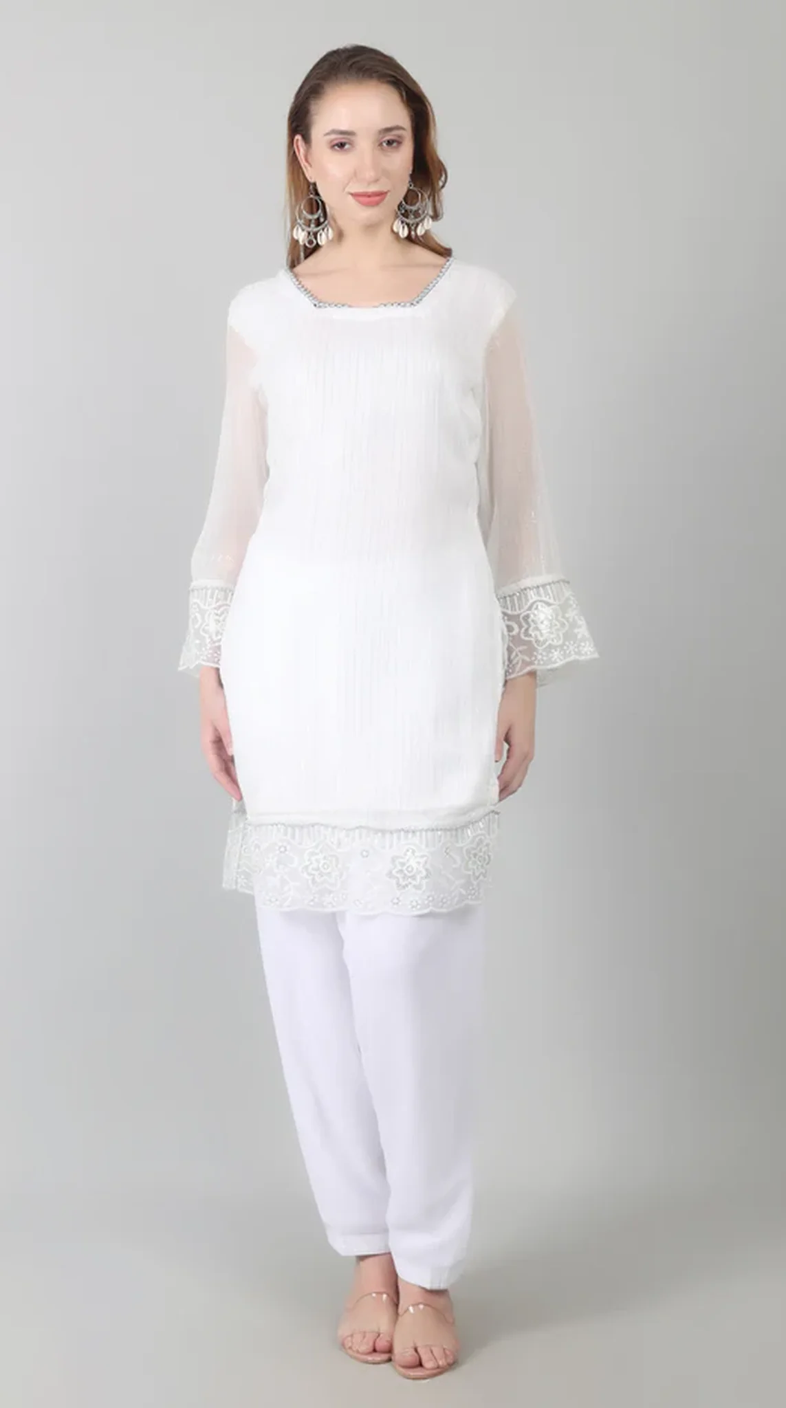 White Georgette Lurex Lace Suit Set - Image 2