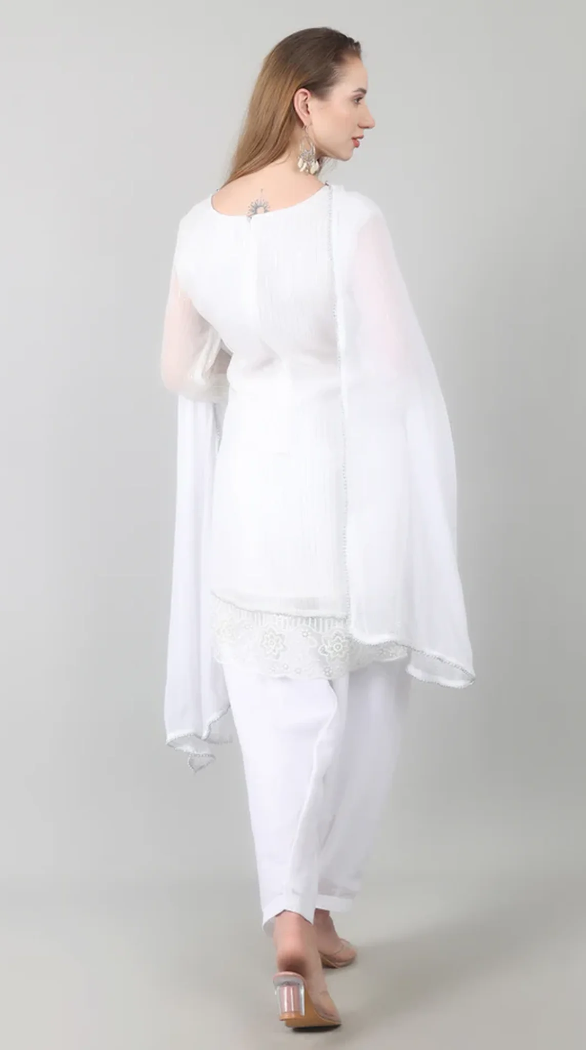 White Georgette Lurex Lace Suit Set - Image 3