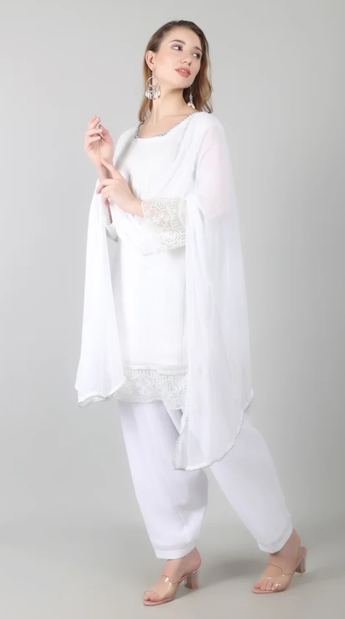 White Georgette Lurex Lace Suit Set - Image 4