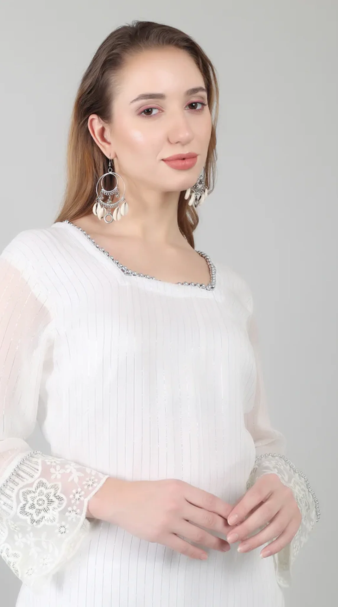 White Georgette Lurex Lace Suit Set - Image 7