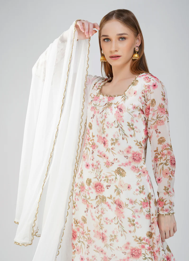 White Georgette printed  Suit Set - Image 2
