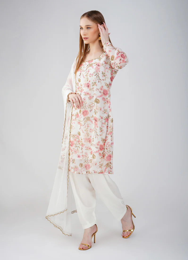 White Georgette printed  Suit Set - Image 7