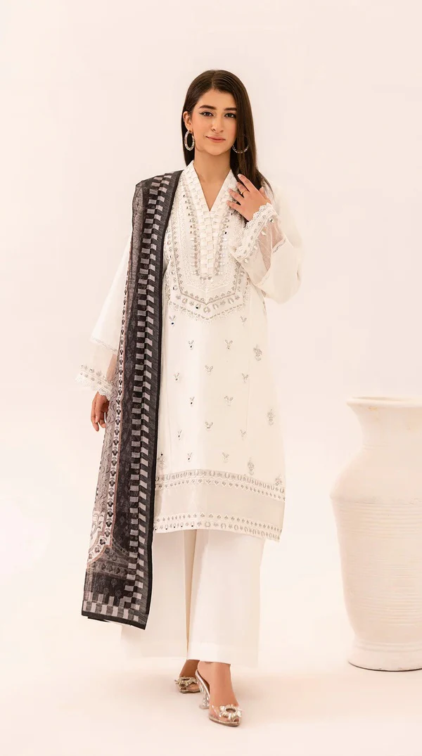 White Khadi Net Embroidered Pakistani Kameez Suit – Mirror & Tilla Work - Image 2