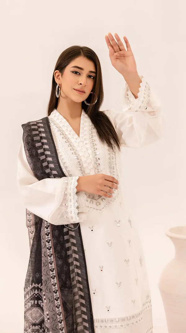 White Khadi Net Embroidered Pakistani Kameez Suit – Mirror & Tilla Work - Image 3