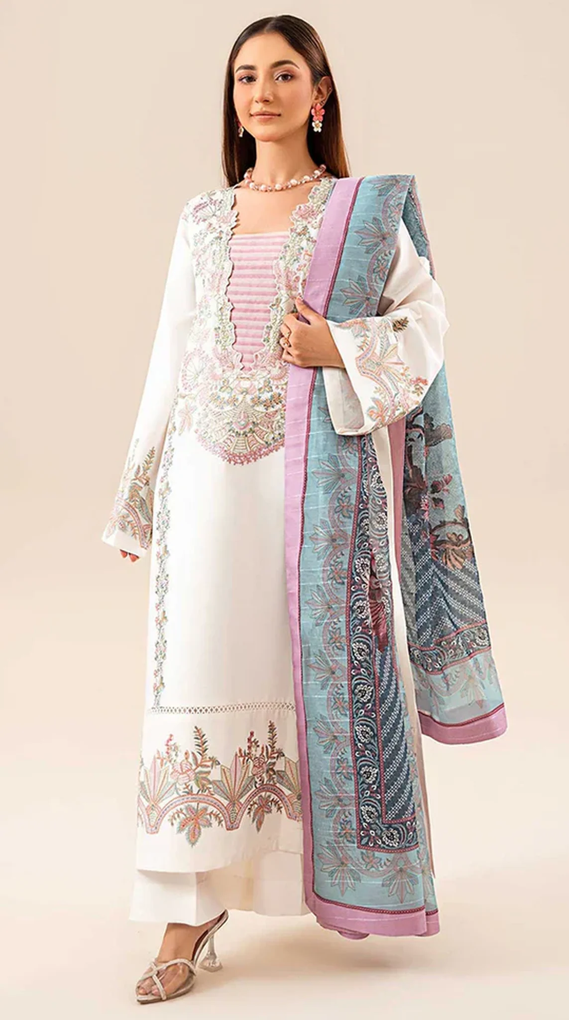 White Lawn Sequin Embroidered Suit Set - Image 2