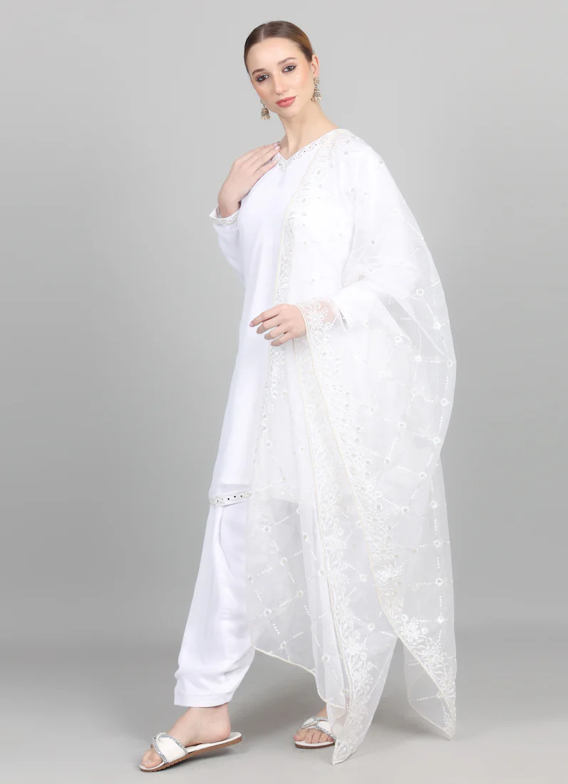 White Organza Embroidered Dupatta Suit Set - Image 2