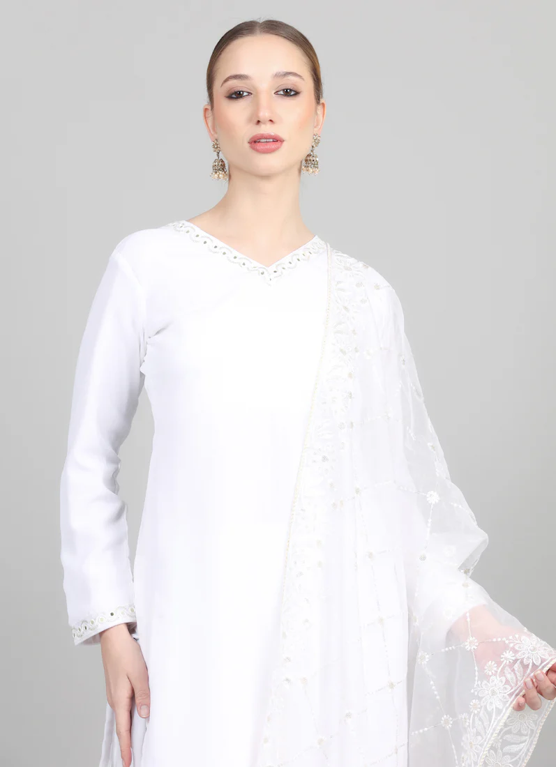 White Organza Embroidered Dupatta Suit Set - Image 5
