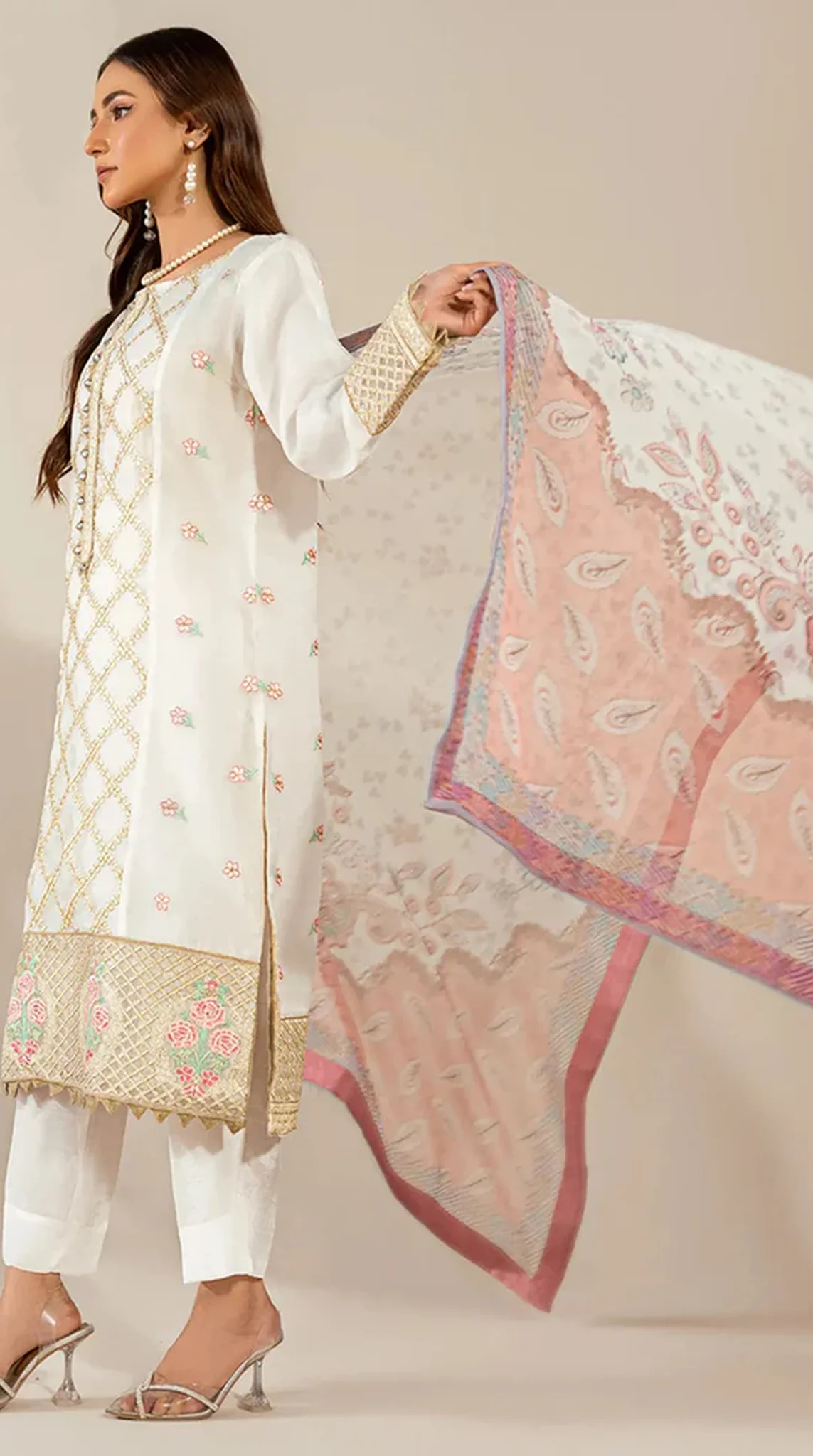 White Organza Embroidered Suit Set - Image 2