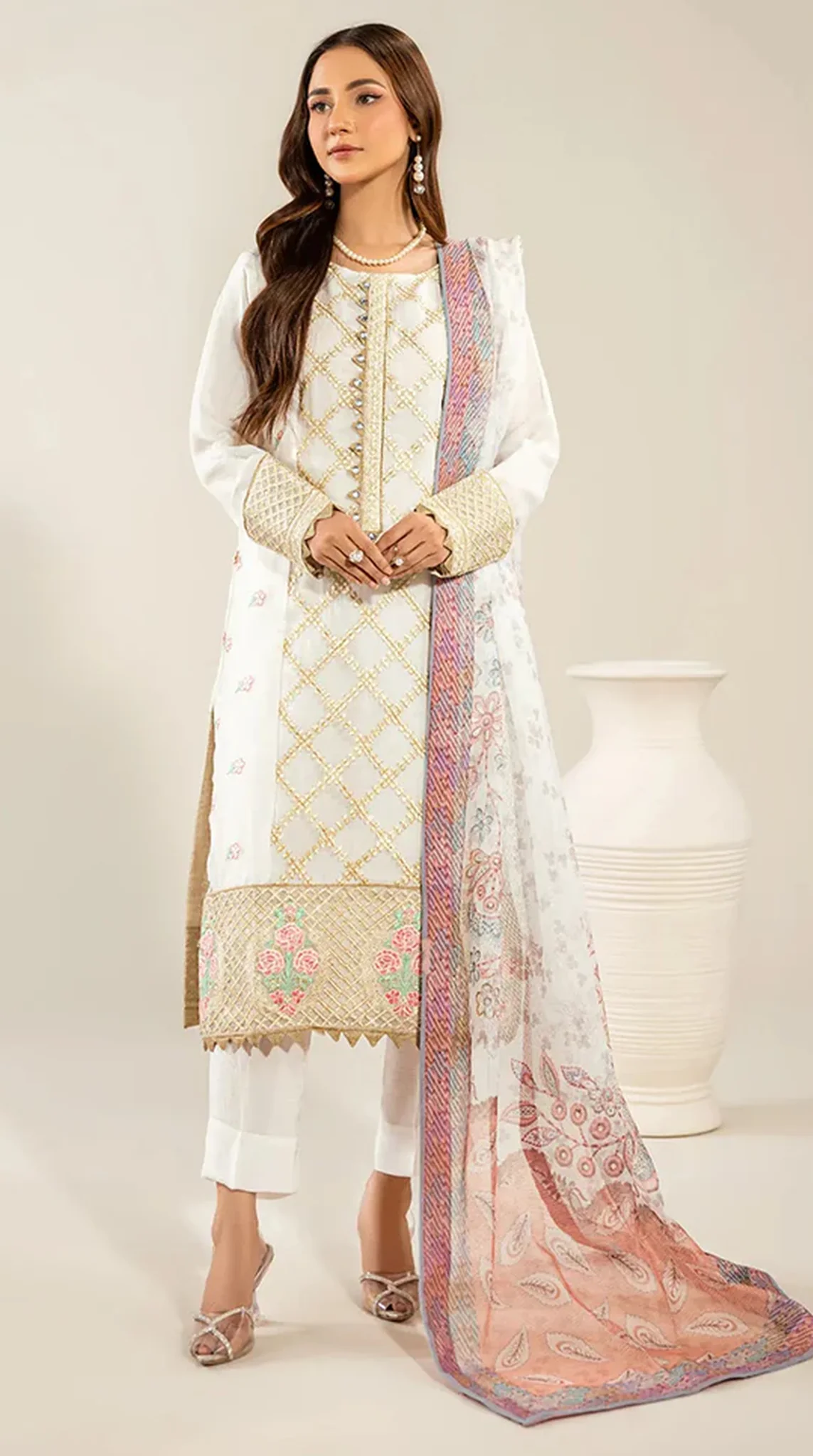 White Organza Embroidered Suit Set - Image 8