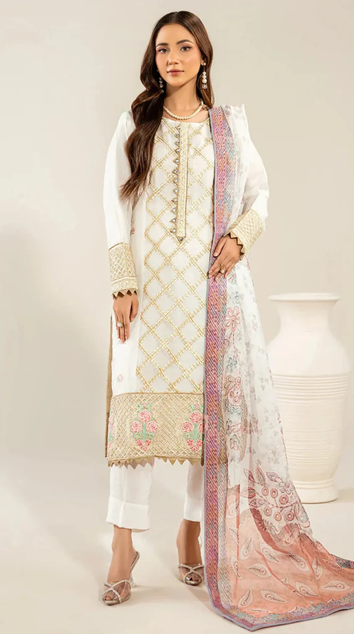 White Organza Embroidered Suit Set - Image 9
