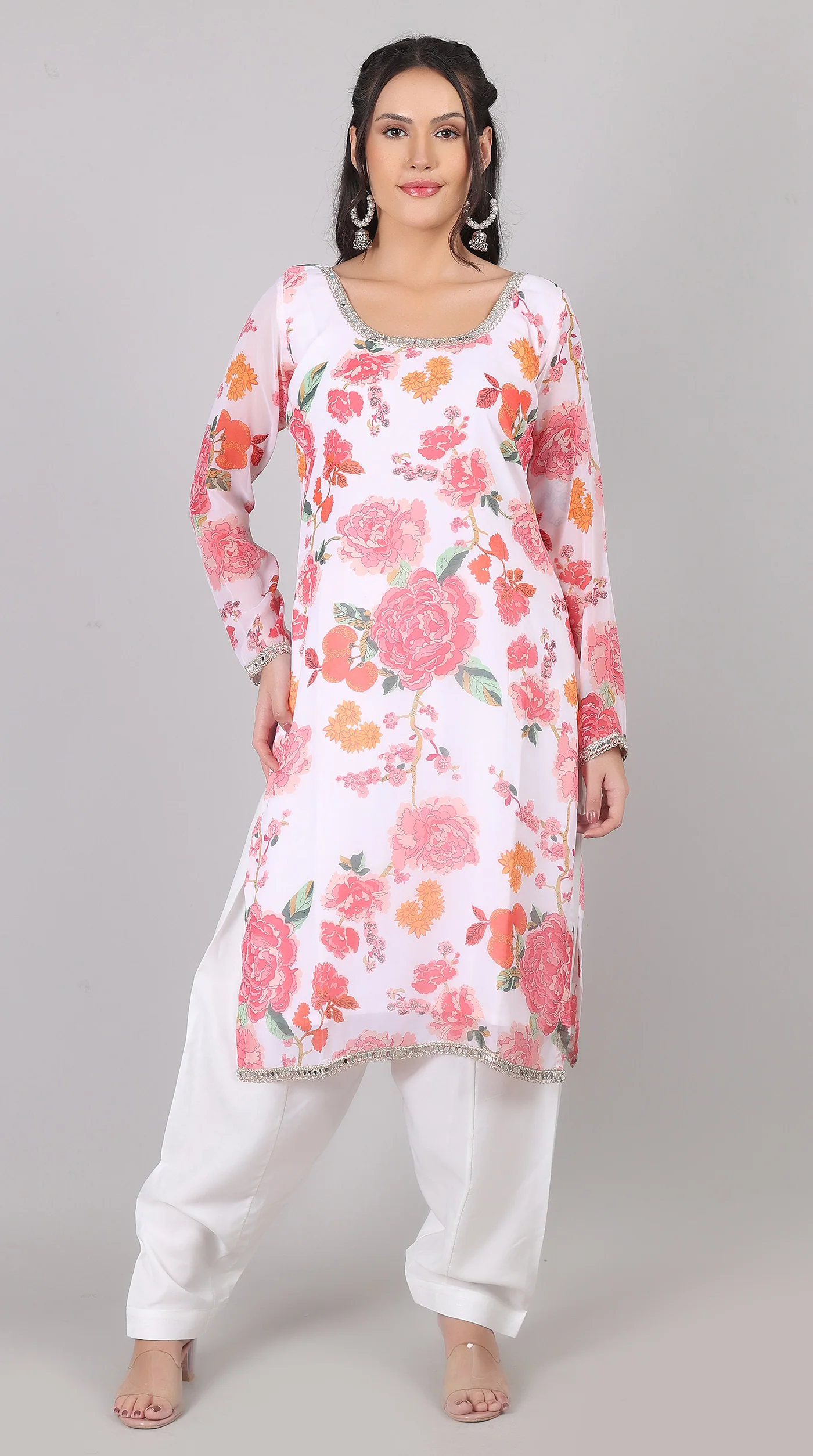 White & Pink Georgette Embroidered Suit Set - Image 2