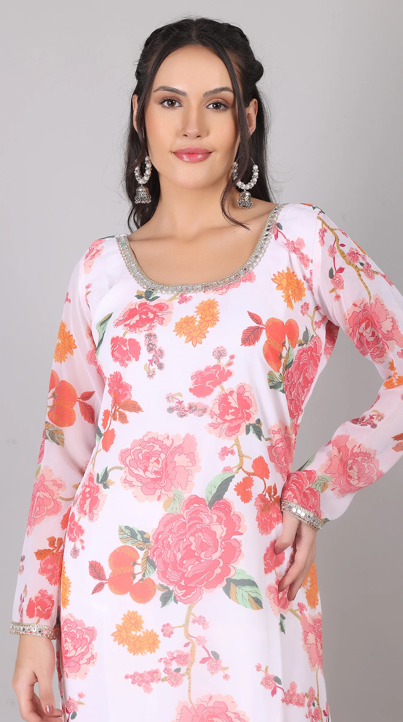 White & Pink Georgette Embroidered Suit Set - Image 3