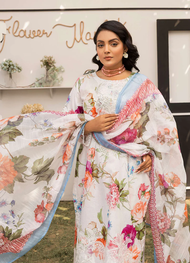 White Floral Printed Lawn Embroidered Suit Set - Image 2
