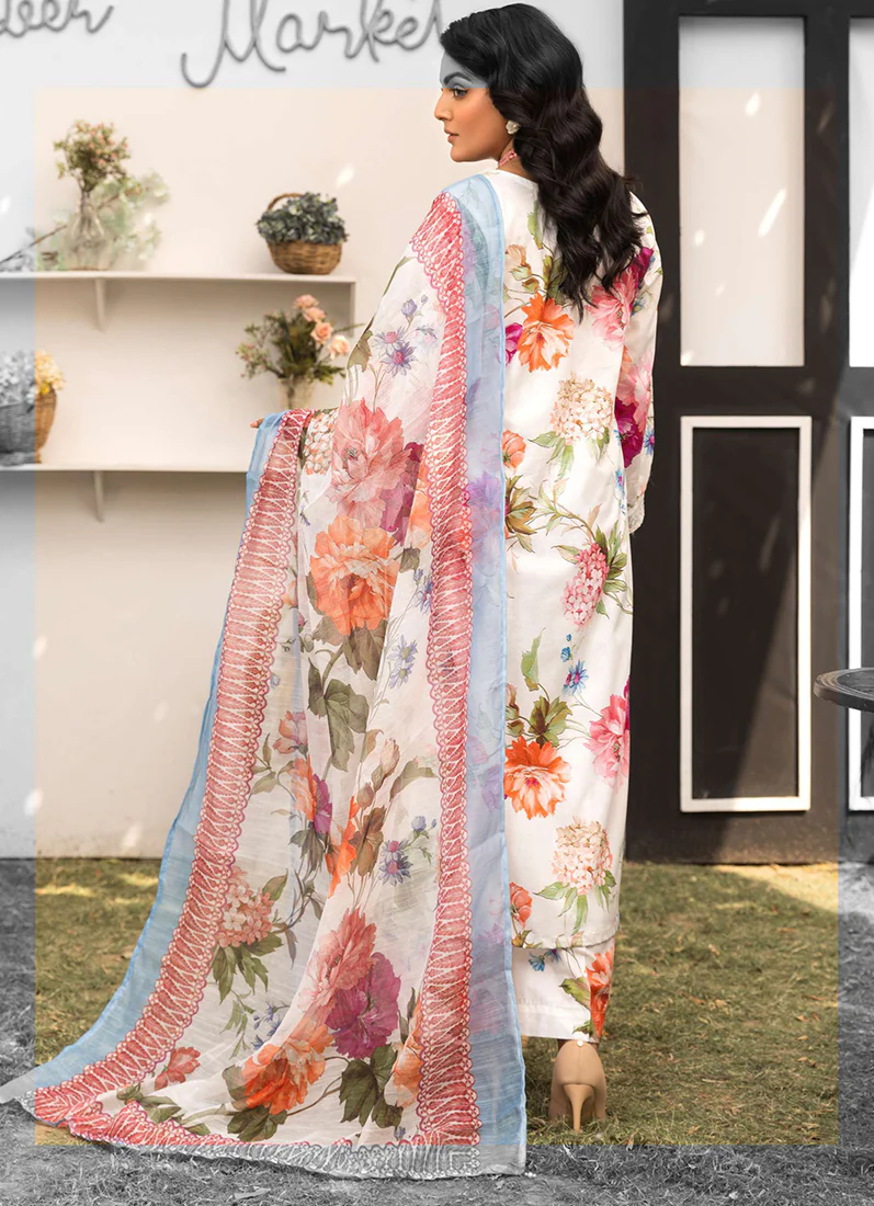 White Floral Printed Lawn Embroidered Suit Set - Image 3