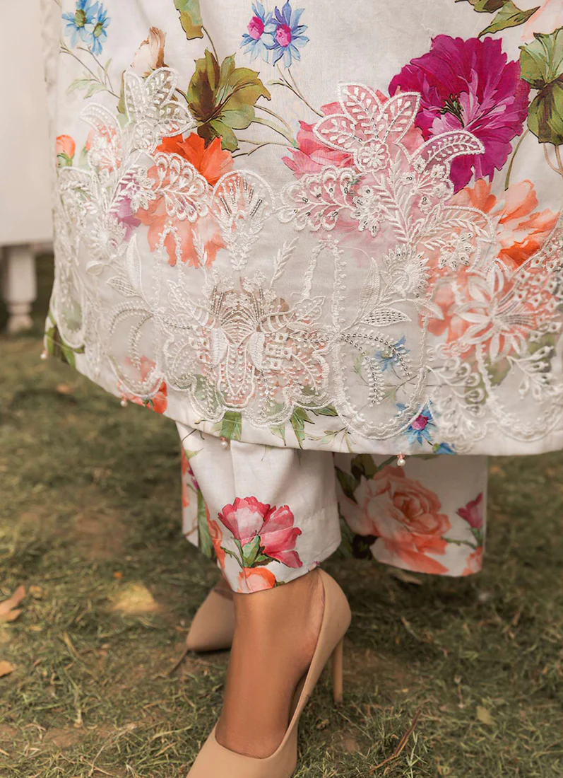 White Floral Printed Lawn Embroidered Suit Set - Image 5