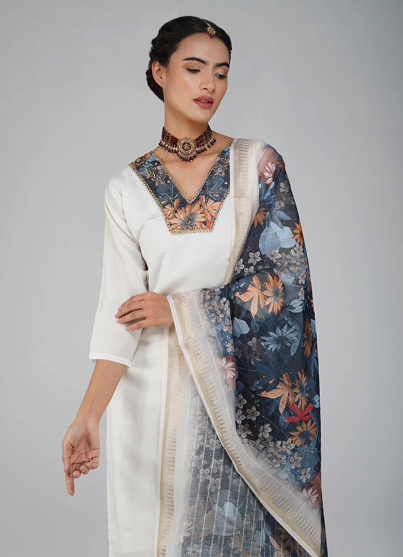 White Silk Embroidered Suit Set - Image 3