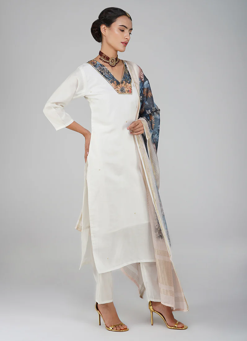 White Silk Embroidered Suit Set - Image 6