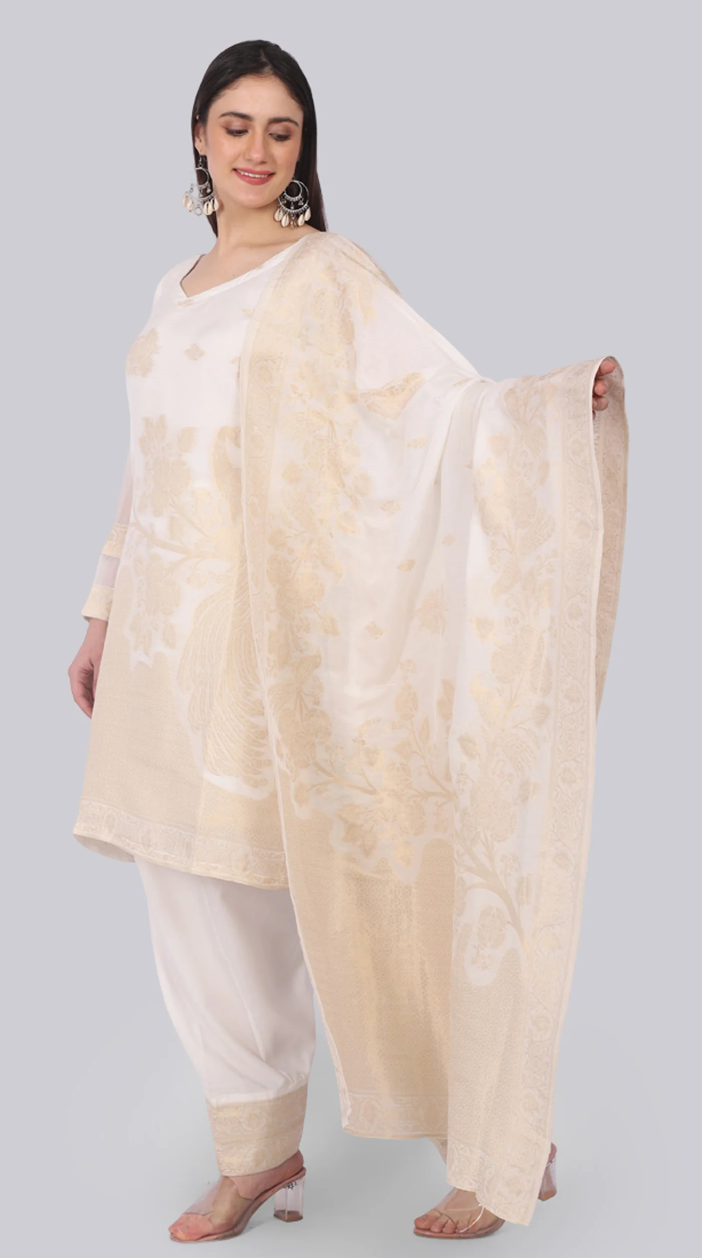 Farshi Shalwar White Silk Shift Suit Set with Gold Weave Dupatta - Image 2