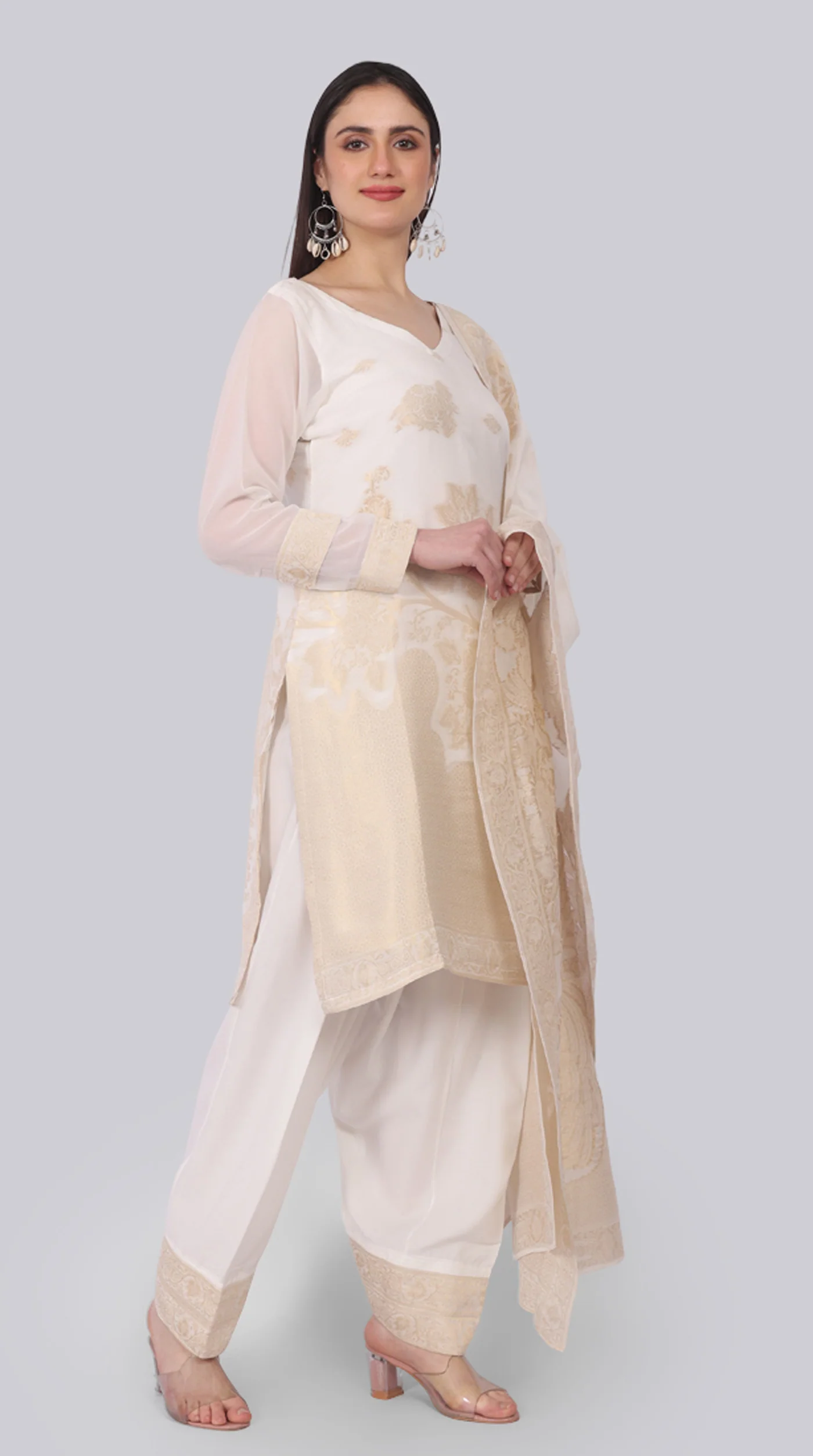 Farshi Shalwar White Silk Shift Suit Set with Gold Weave Dupatta - Image 3