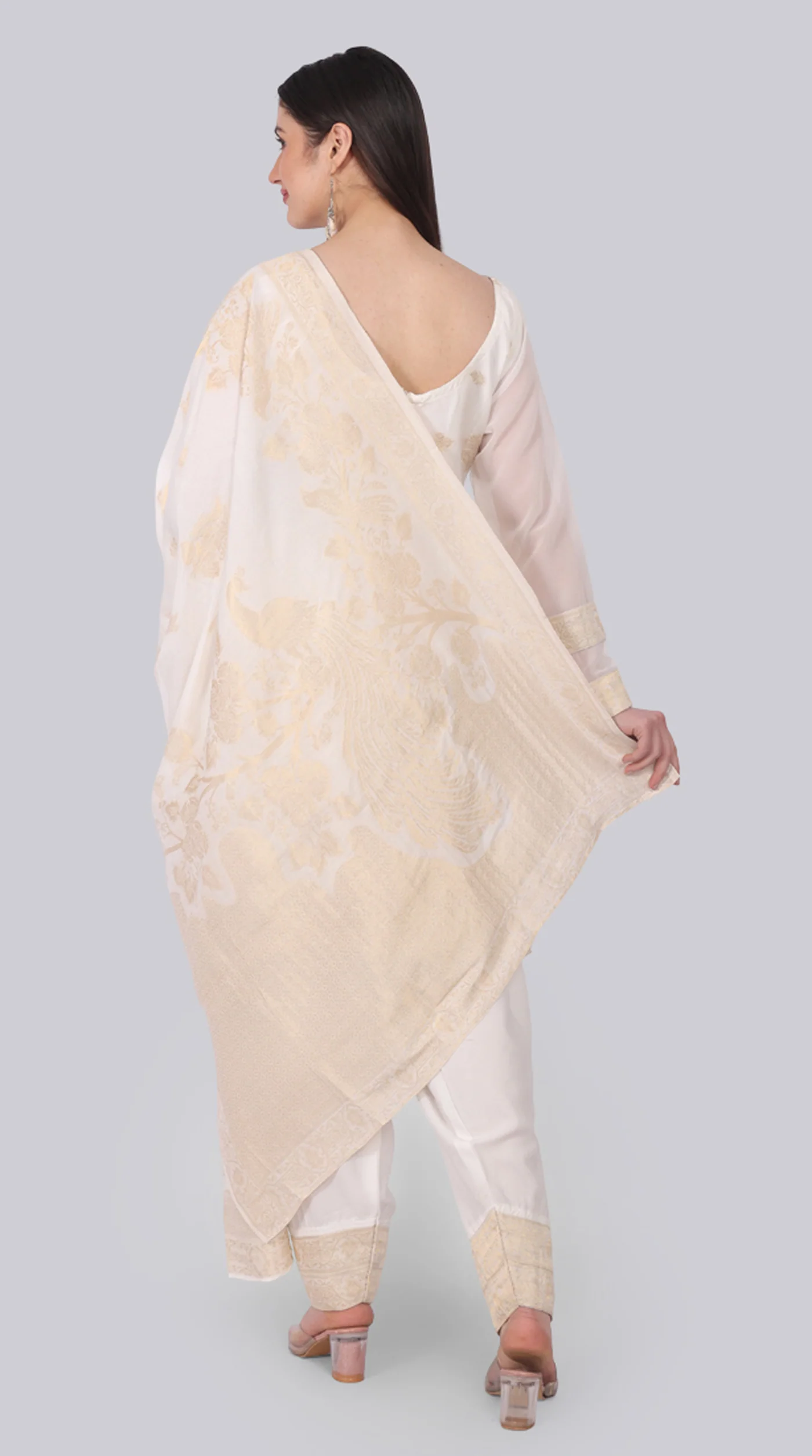 Farshi Shalwar White Silk Shift Suit Set with Gold Weave Dupatta - Image 4