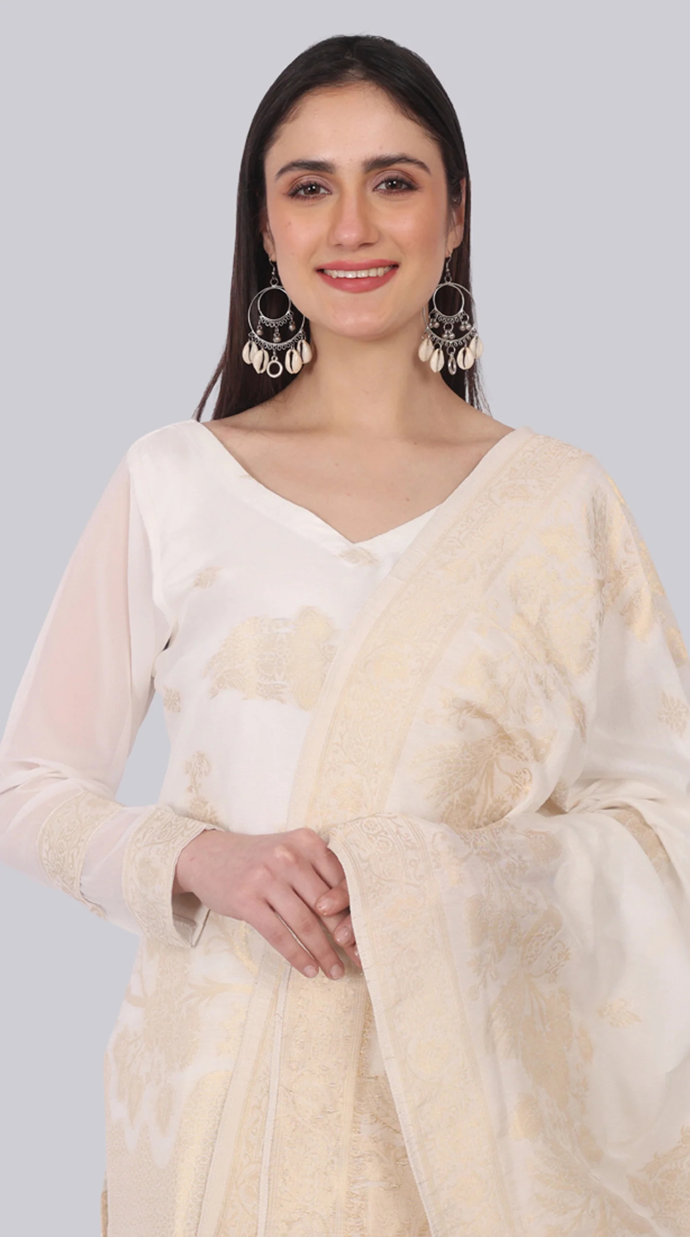 Farshi Shalwar White Silk Shift Suit Set with Gold Weave Dupatta - Image 5