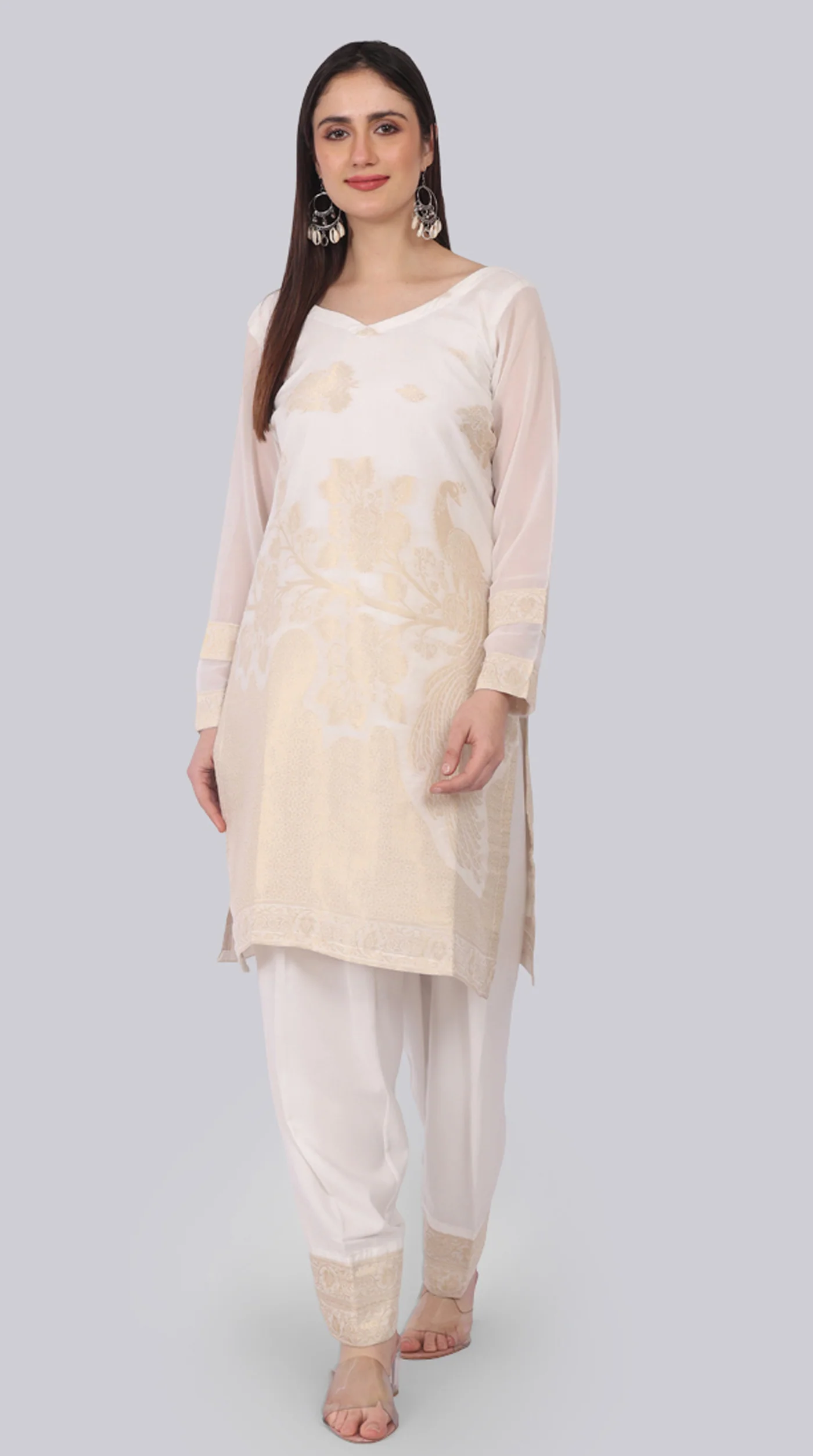 Farshi Shalwar White Silk Shift Suit Set with Gold Weave Dupatta - Image 6