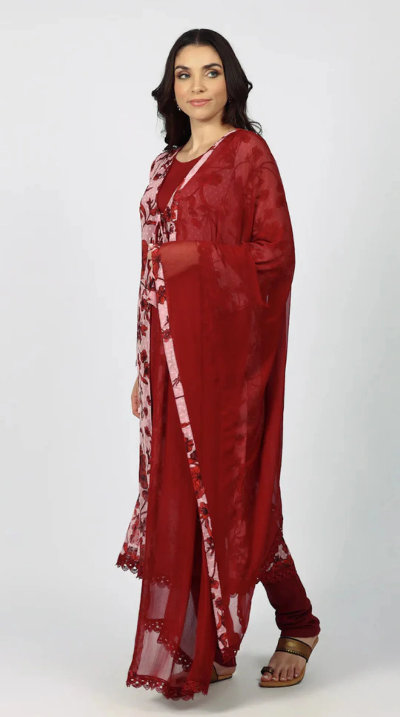 Wine Chiffion Printed Jacket Style Suit Set - Image 2