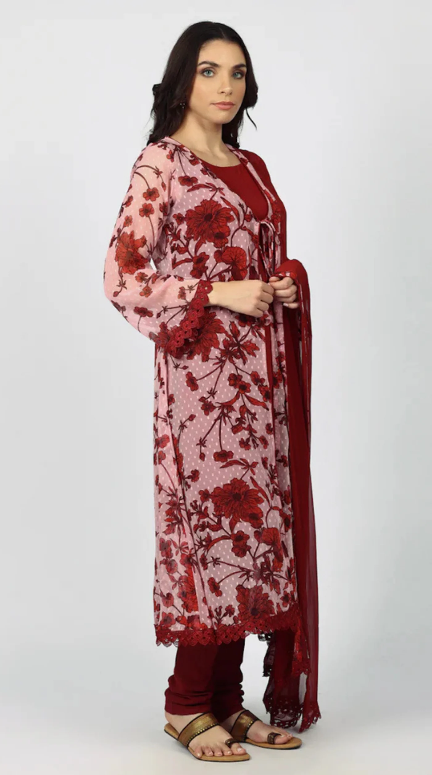 Wine Chiffion Printed Jacket Style Suit Set - Image 3