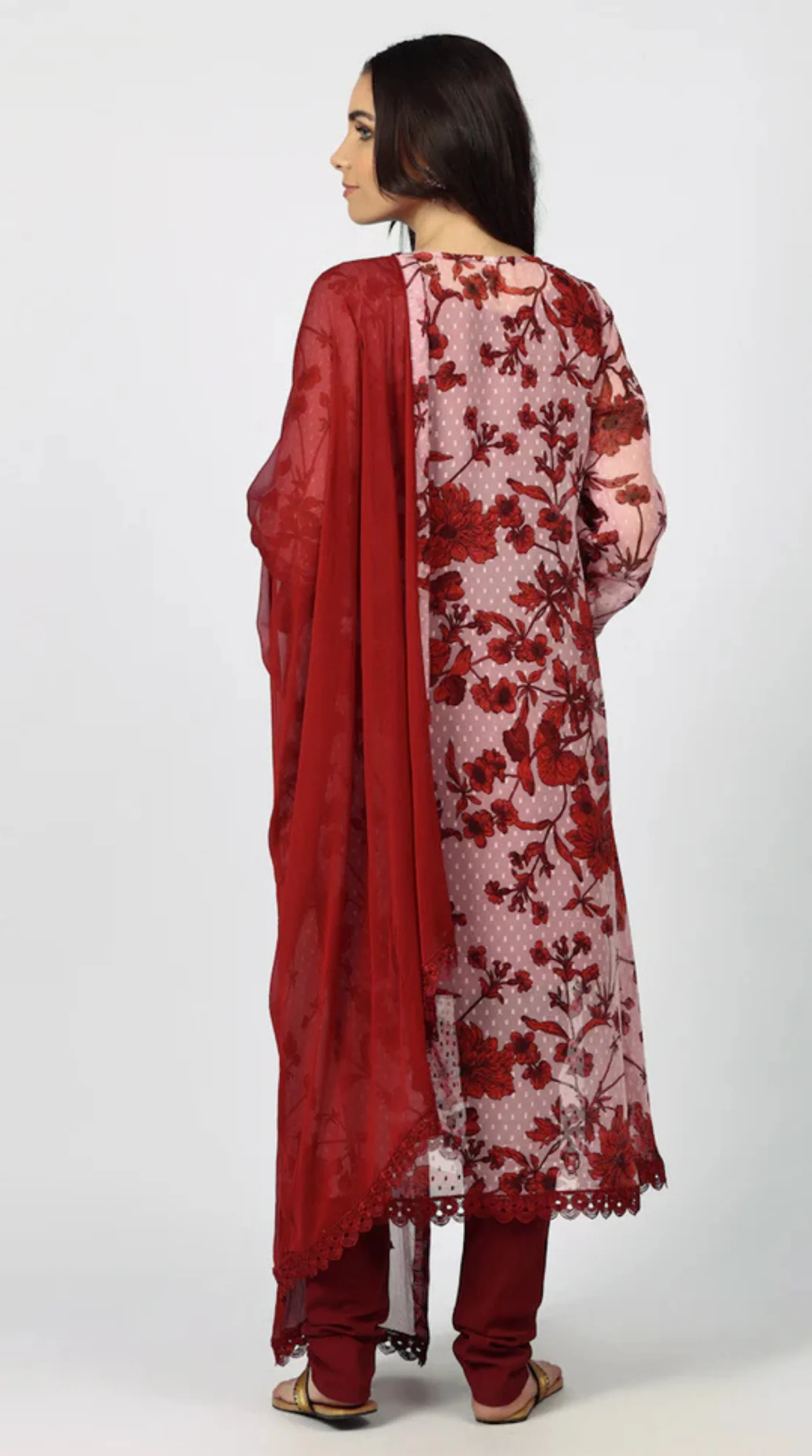 Wine Chiffion Printed Jacket Style Suit Set - Image 4