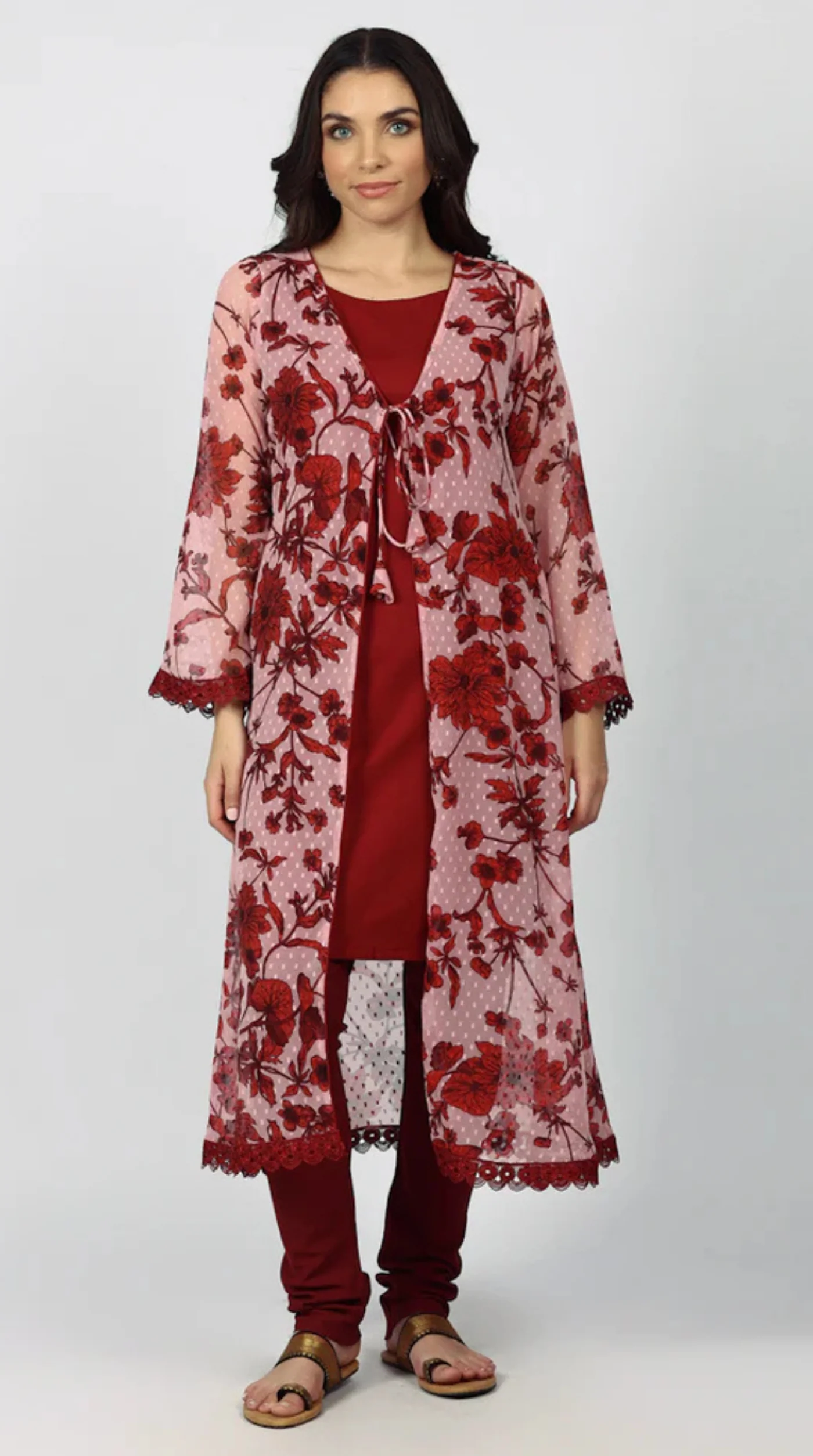 Wine Chiffion Printed Jacket Style Suit Set - Image 5