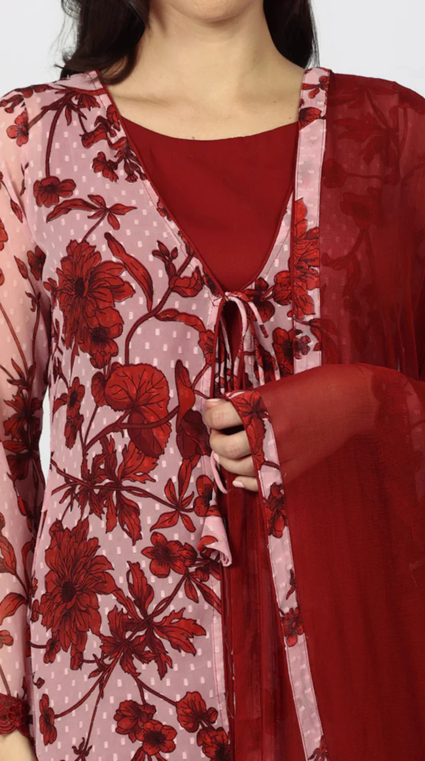 Wine Chiffion Printed Jacket Style Suit Set - Image 7