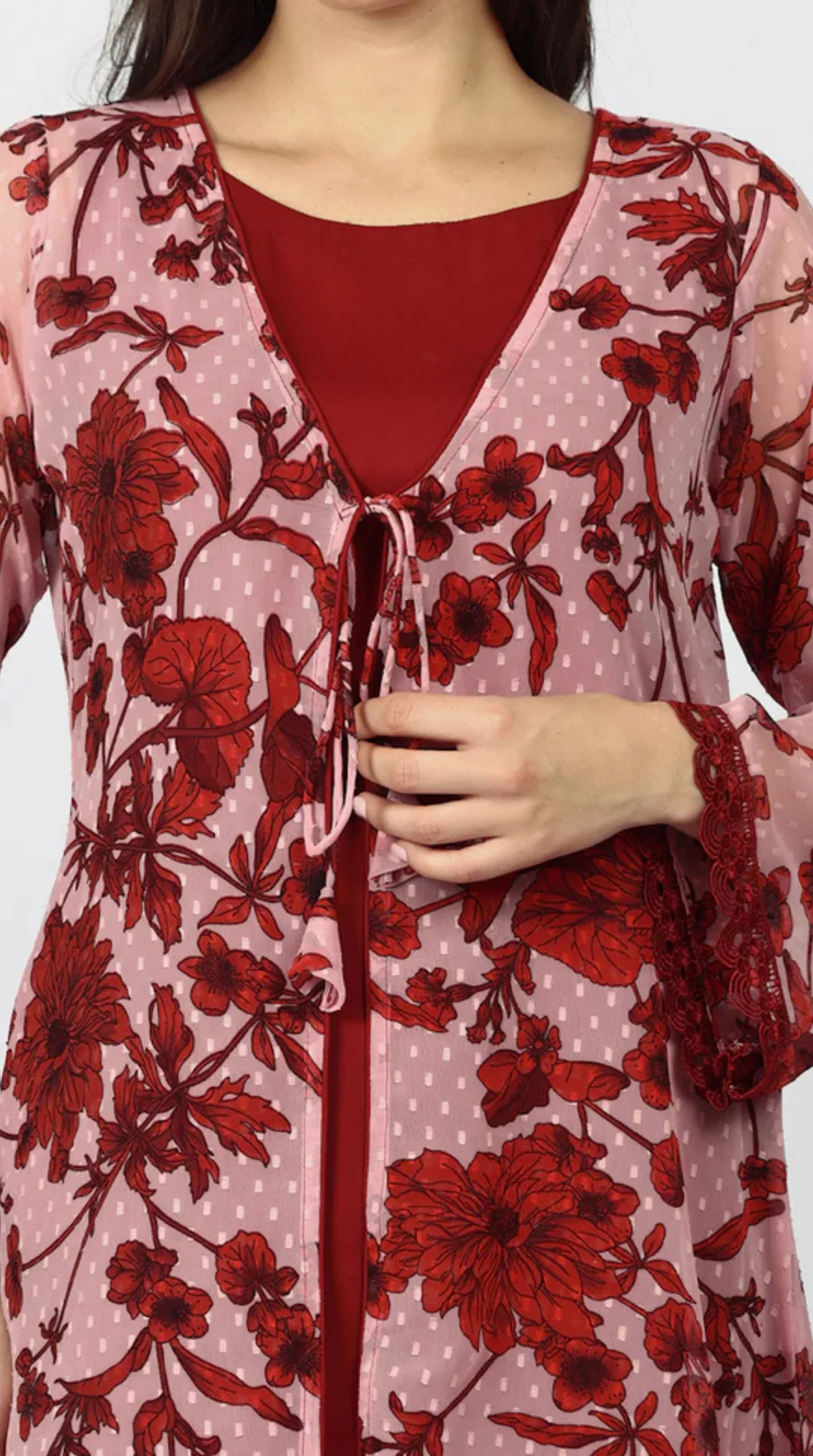 Wine Chiffion Printed Jacket Style Suit Set - Image 8
