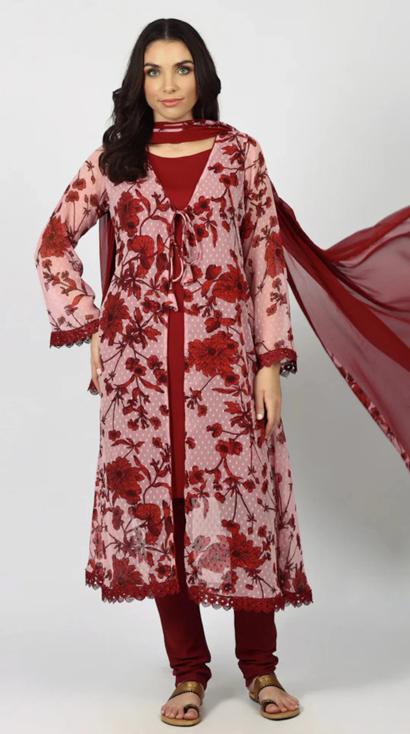 Wine Chiffion Printed Jacket Style Suit Set - Image 9