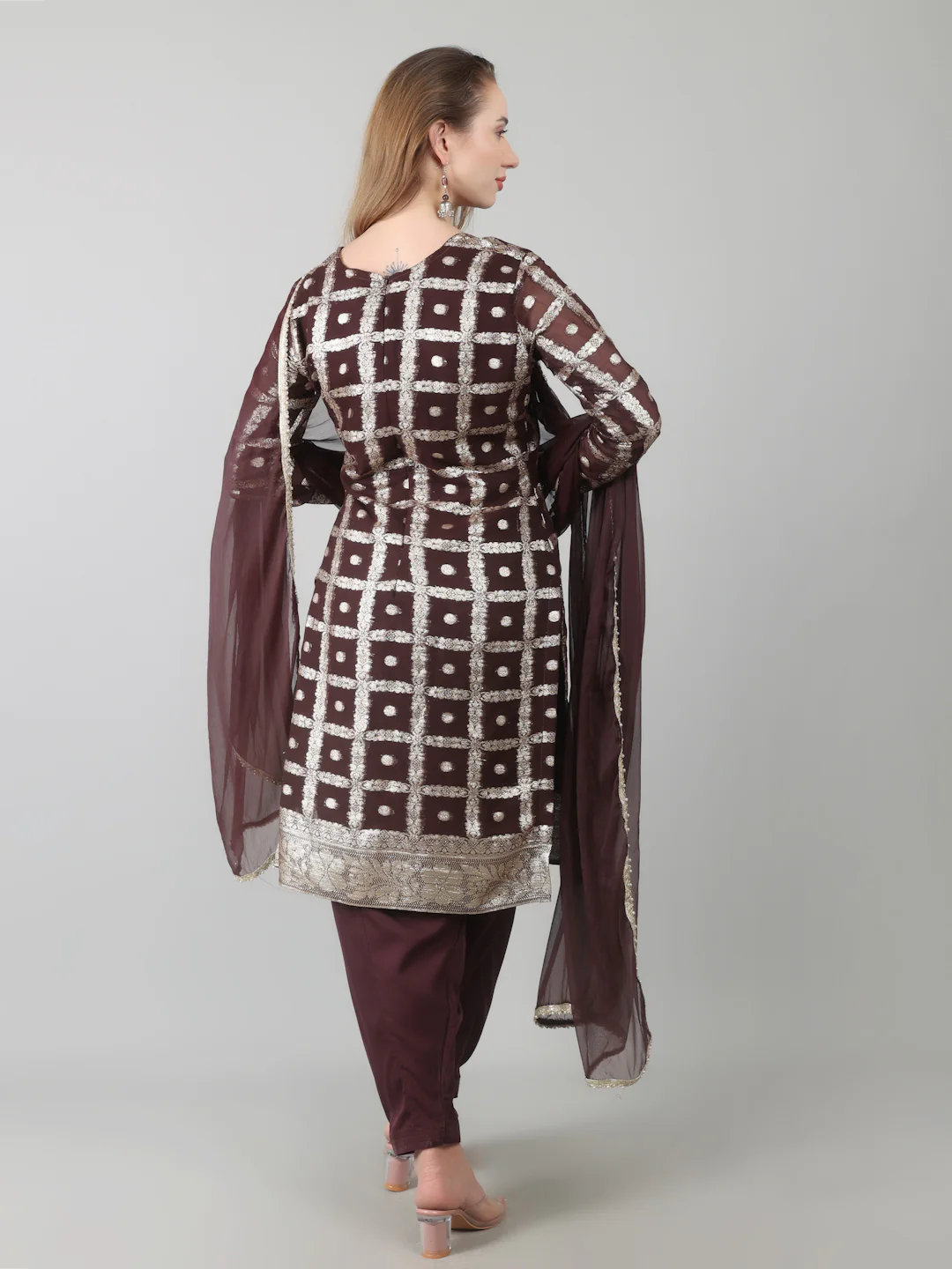 Brown Colour Georgette Jacquard Suit Set - Image 2