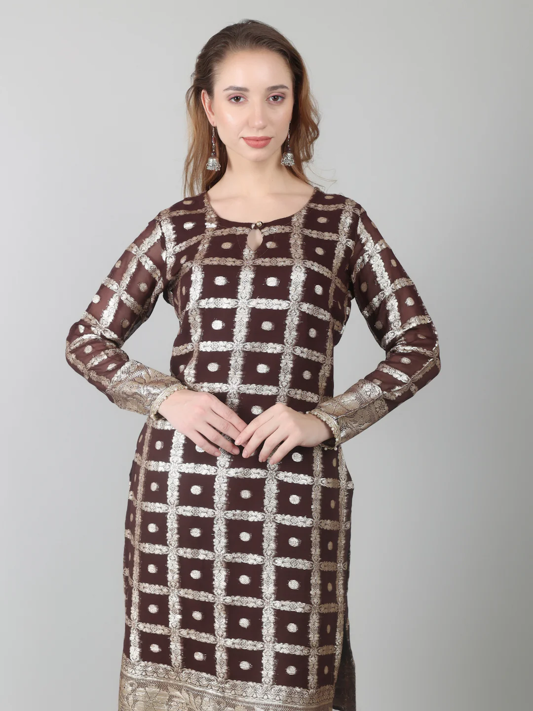 Brown Colour Georgette Jacquard Suit Set - Image 3