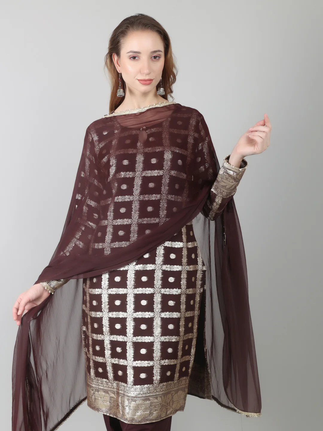 Brown Colour Georgette Jacquard Suit Set - Image 4
