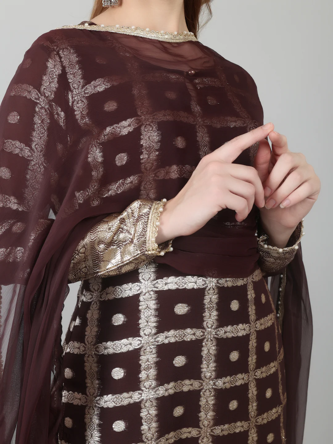 Brown Colour Georgette Jacquard Suit Set - Image 5